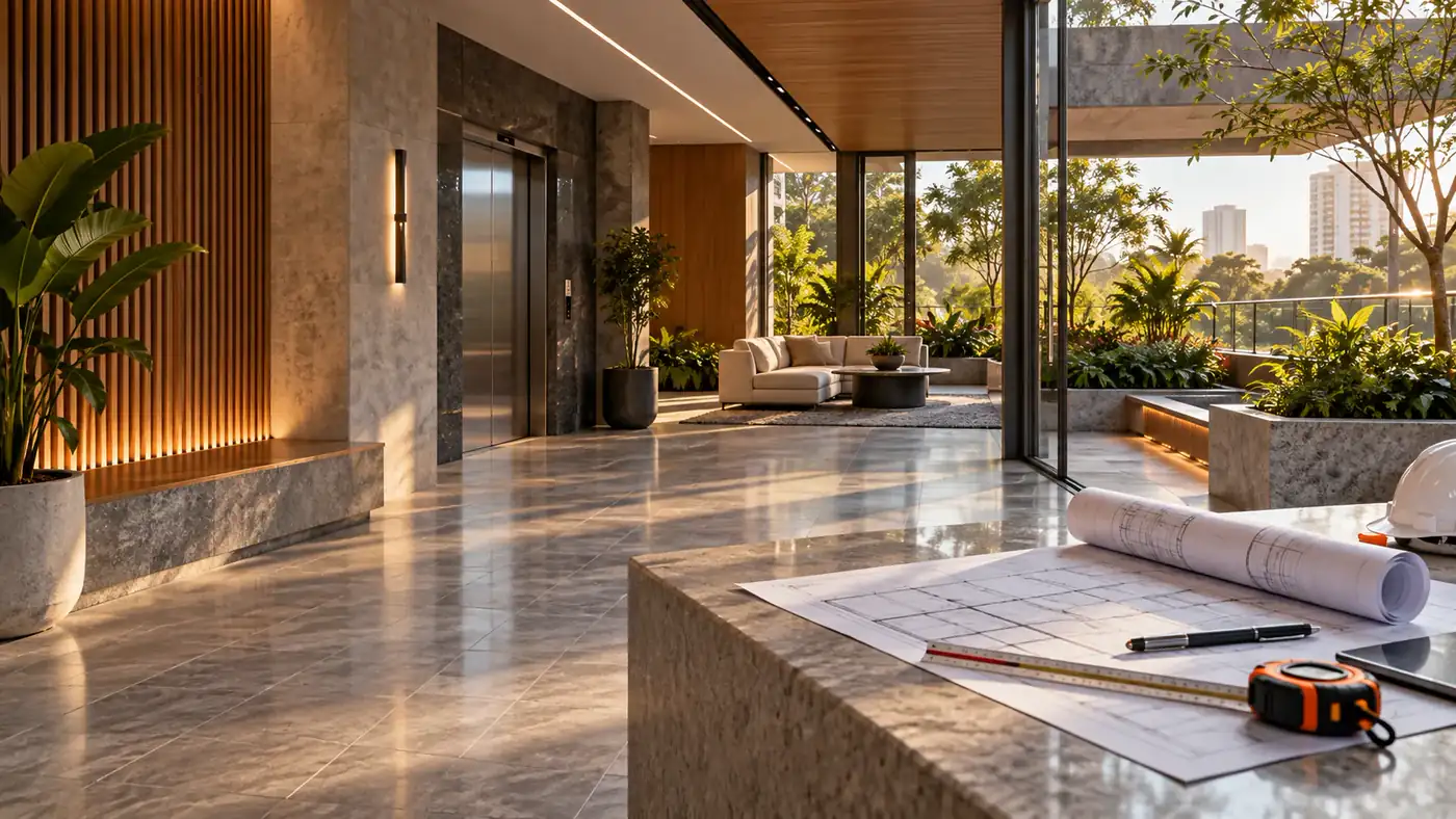 Lobby contemporâneo em reforma com materiais nobres e vegetação