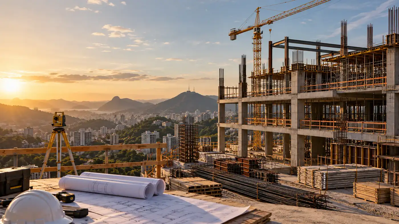Canteiro de obra estruturado com equipamentos de medição e planejamento