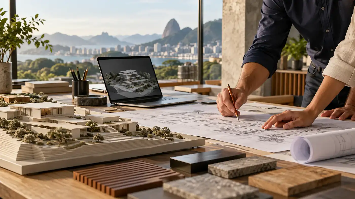 Detalhamento de reforma e compatibilização sobre uma mesa de arquitetura