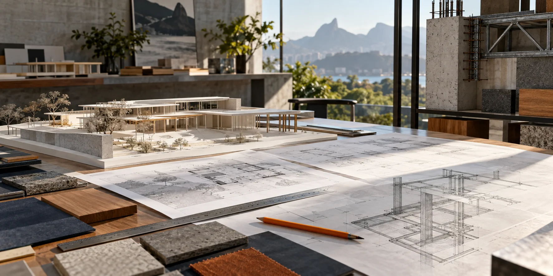 Maquete arquitetônica, plantas e materiais de projeto em mesa de estúdio