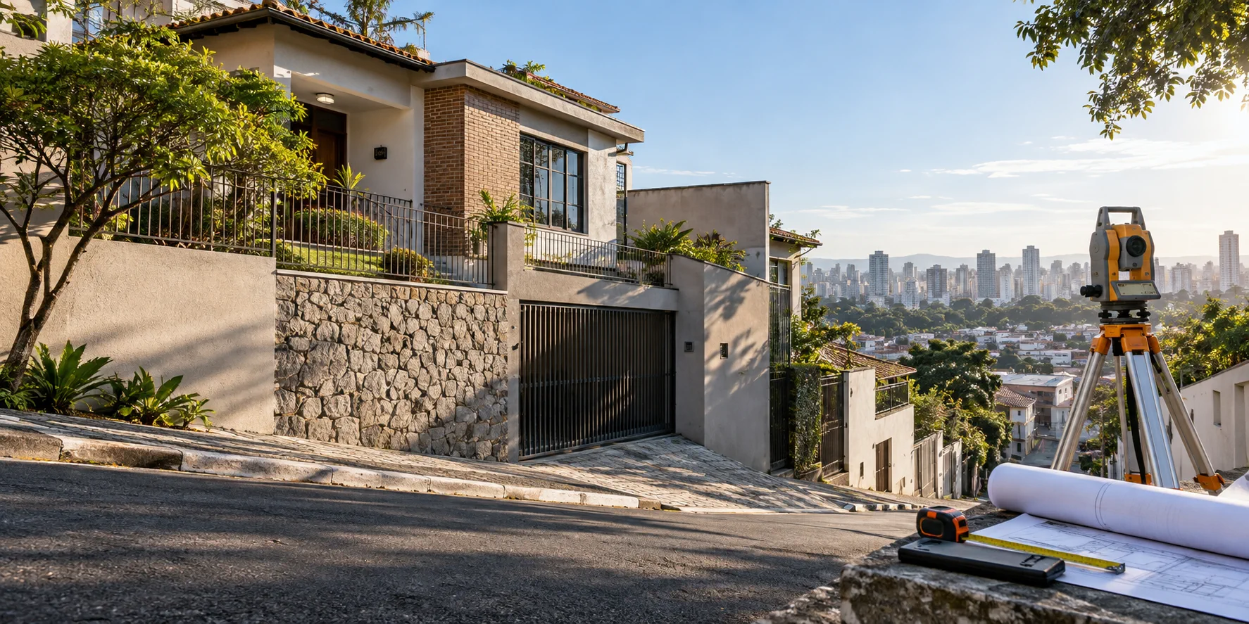 Imóvel urbano em encosta com equipamento topográfico e plantas de levantamento